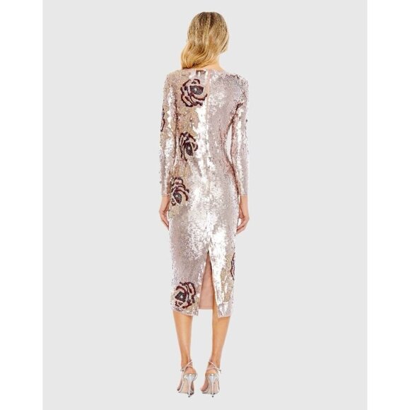 Mac Duggal Size 12 Pink SEQUINED ASYMMETRICAL FLORAL LONG SLEEVE MIDI DRESS $538 - Picture 3 of 9